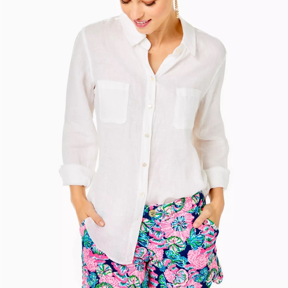 Lilly Pulitzer  Sea View Linen WHITE Button Down Shirt Tops Long Sleeve Size M